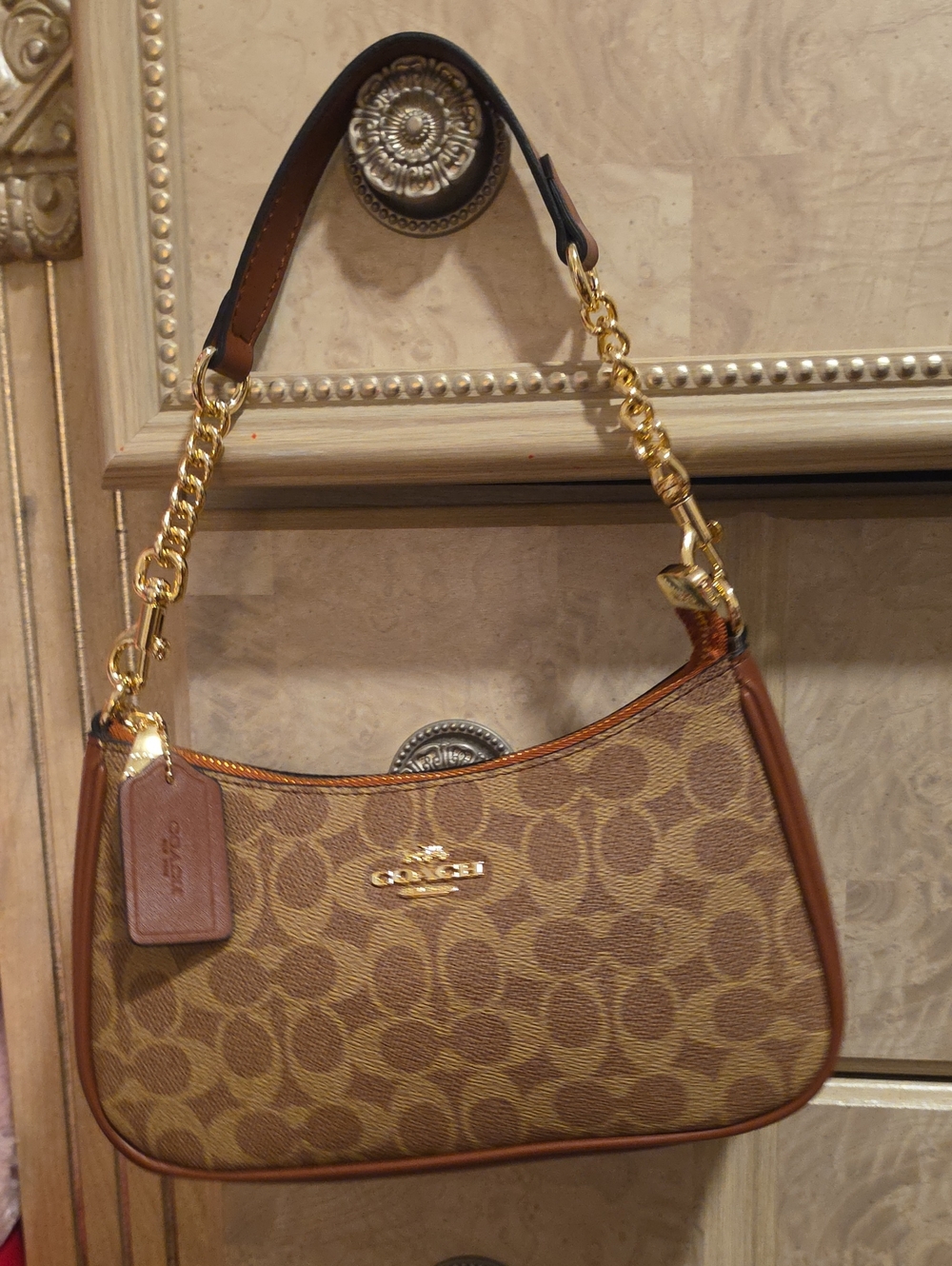Coach Brown Signature Canvas Shoulder Bag with Gold Hardware